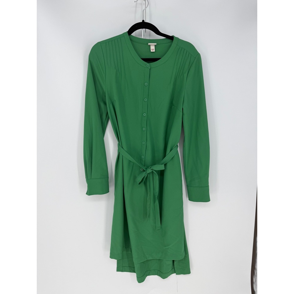 Merona Shirt Dress Womens Medium Green Long Sleeve Belted Pin-tuck Career Preppy